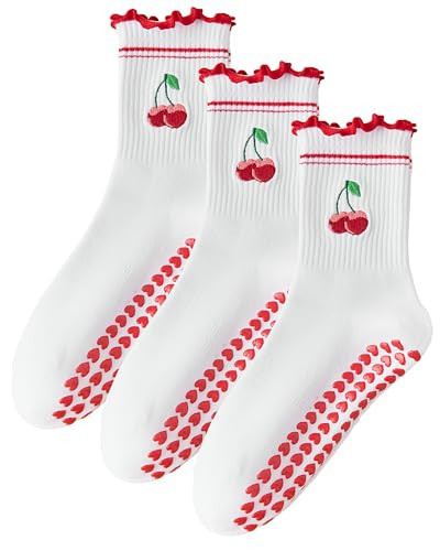 Mokde Mondge Pilates Socks with Non-Slip Grips Yoga Grippy Barre Workout Athletic Crew Anti-Slip Grip Socks for Women (US, Numeric, 5, 10, Regular, Regular, 3 Pairs red cherry ruffle) | Amazon (US)