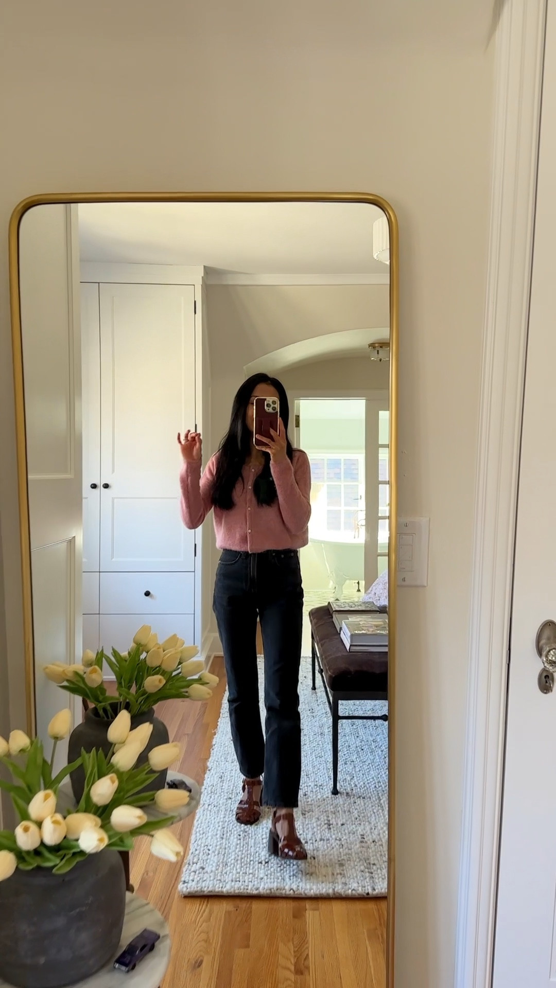 first Sézane try on. could not love this knit mohair cardigan more - wearing XXS. comes in several colors but this rosewood color has my heart. tried on the leather half-heeled sandals in preparation for our CA trip. very comfortable (even on my wide feet) and gives me added height. i like investing in leather shoes bc they last a very long time for me 👌. Pants are the ankle high waisted from Abercrombie. 

#LTKstyletip #LTKtravel #LTKshoecrush