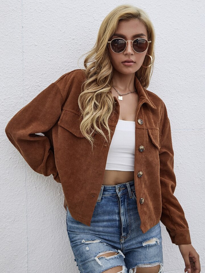 SHEIN LUNE Solid Button Front Pocket Detail Jacket | SHEIN