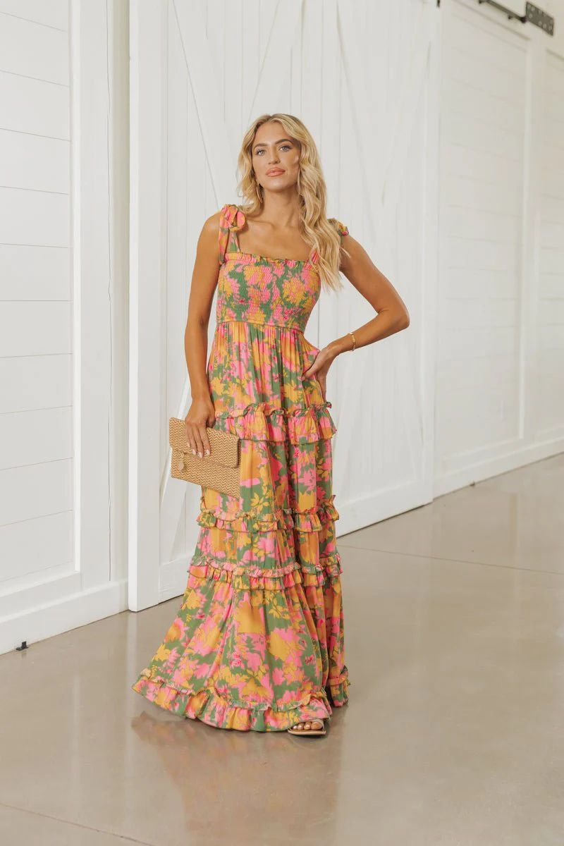 Sage Floral Print Smock Tiered Maxi Dress | Magnolia Boutique