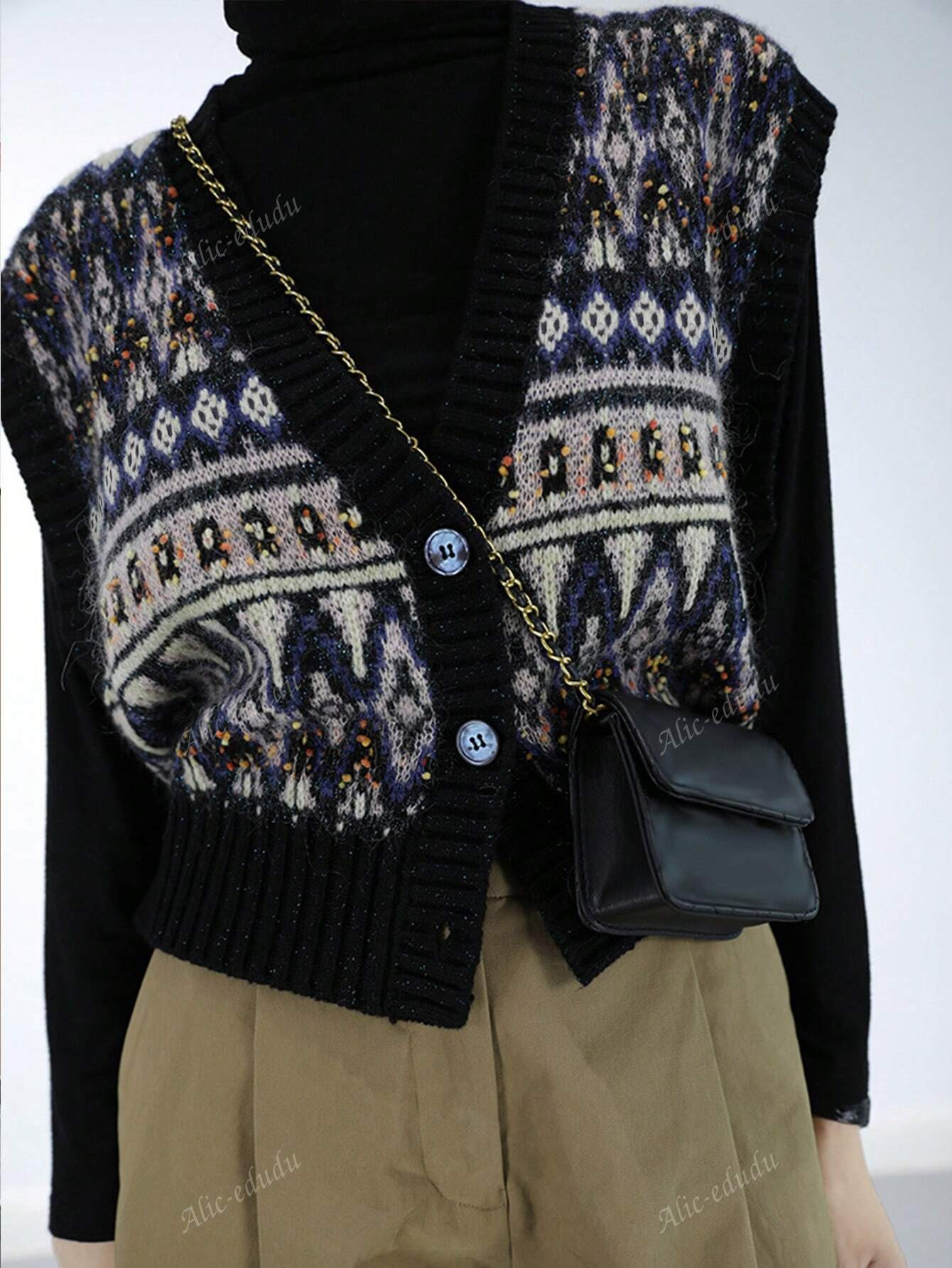 Women Retro Geometric Pattern V-Neck Cardigan Sweater Vest, Autumn & Winter, Thanksgiving Outfit,  | SHEIN