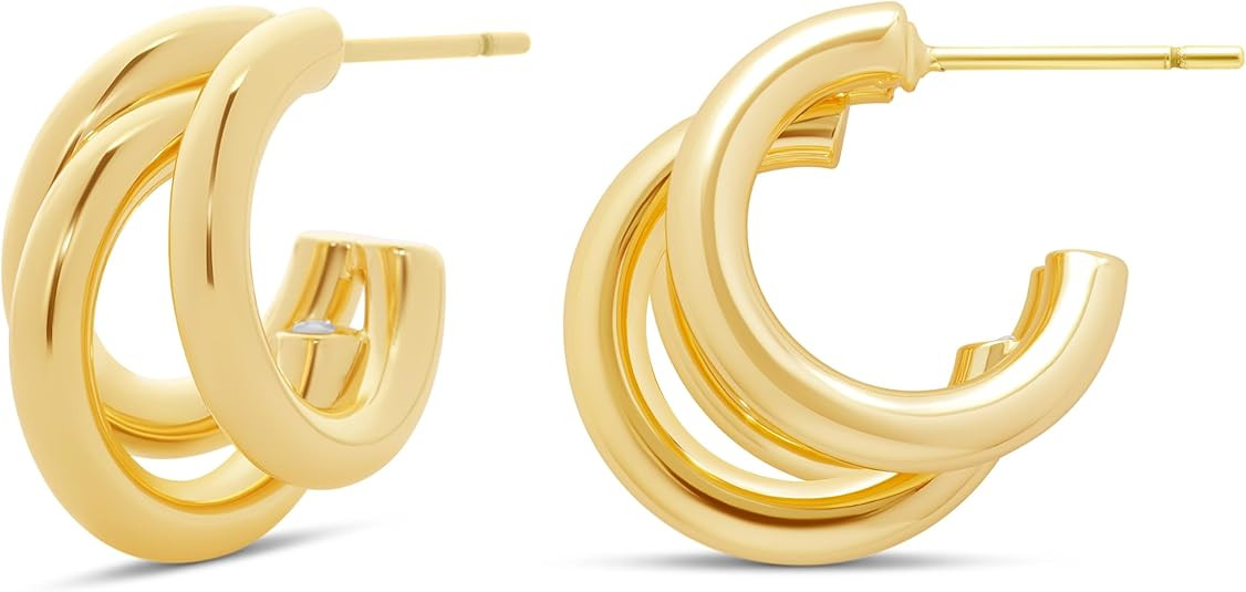 MILLA Chunky Gold Earrings for Women, Triple Split Thick Gold Hoops and Silver Hoop Earrings, Hyp... | Amazon (US)