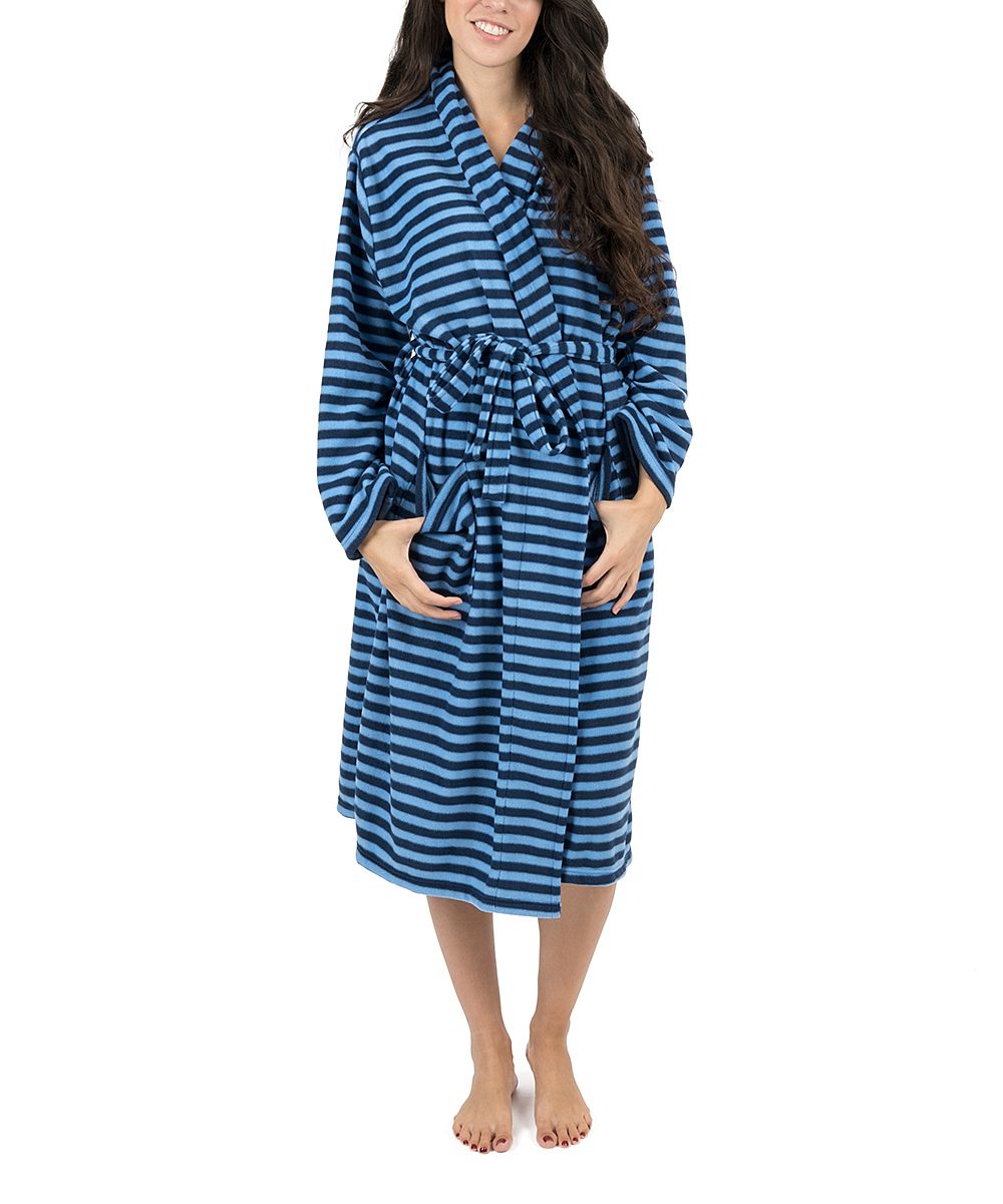 Leveret Women's Sleep Robes - Blue & Navy Stripe Fleece Robe - Women | Zulily