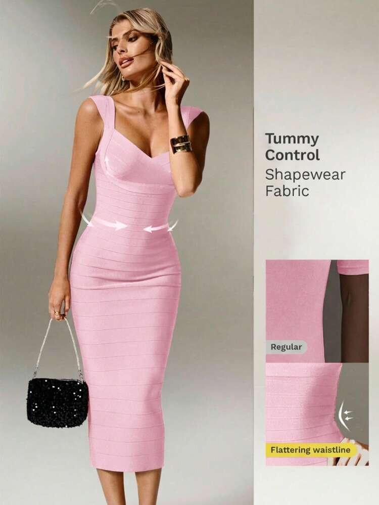 Nuvra Women's Fitted Waist Ribbed Knit Burgundy Midi Bodycon Party Dress | SHEIN