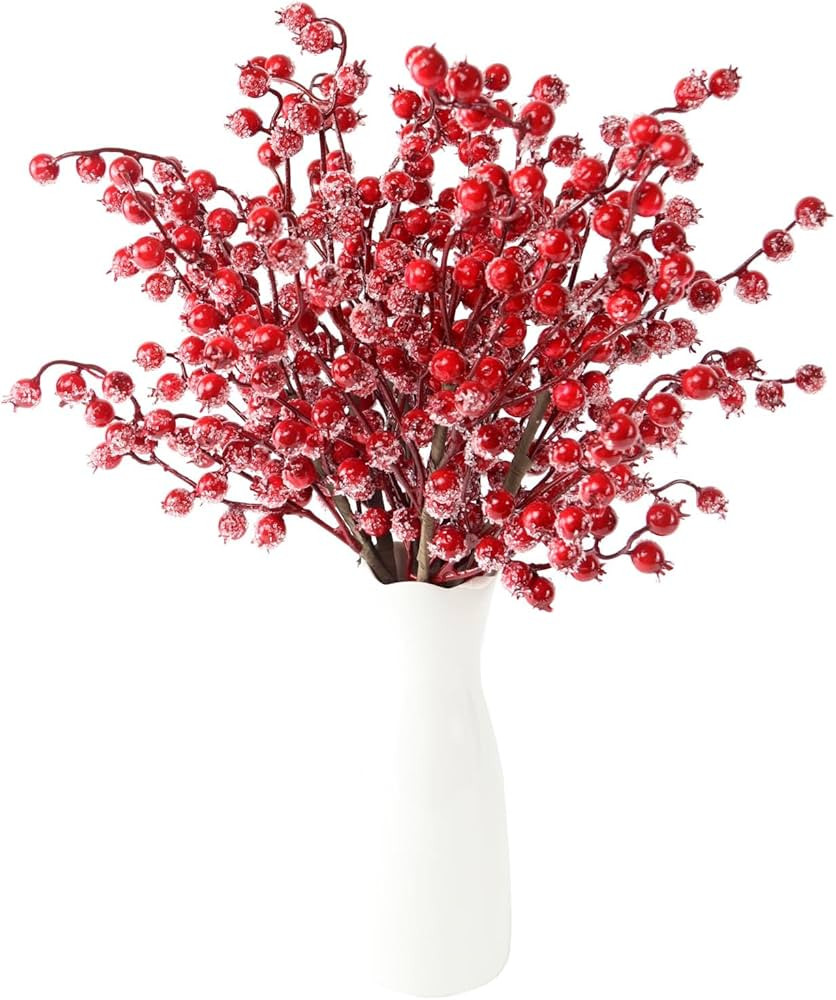 Frosted Red Berry Stems, 6 Pack 17" Long Artificial Snowy Christmas Red Berries Red Berry Picks W... | Amazon (US)