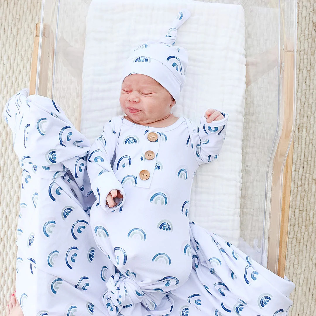 Brooks' Blue Rainbows Newborn Baby Knot Gown & Hat Set | Caden Lane