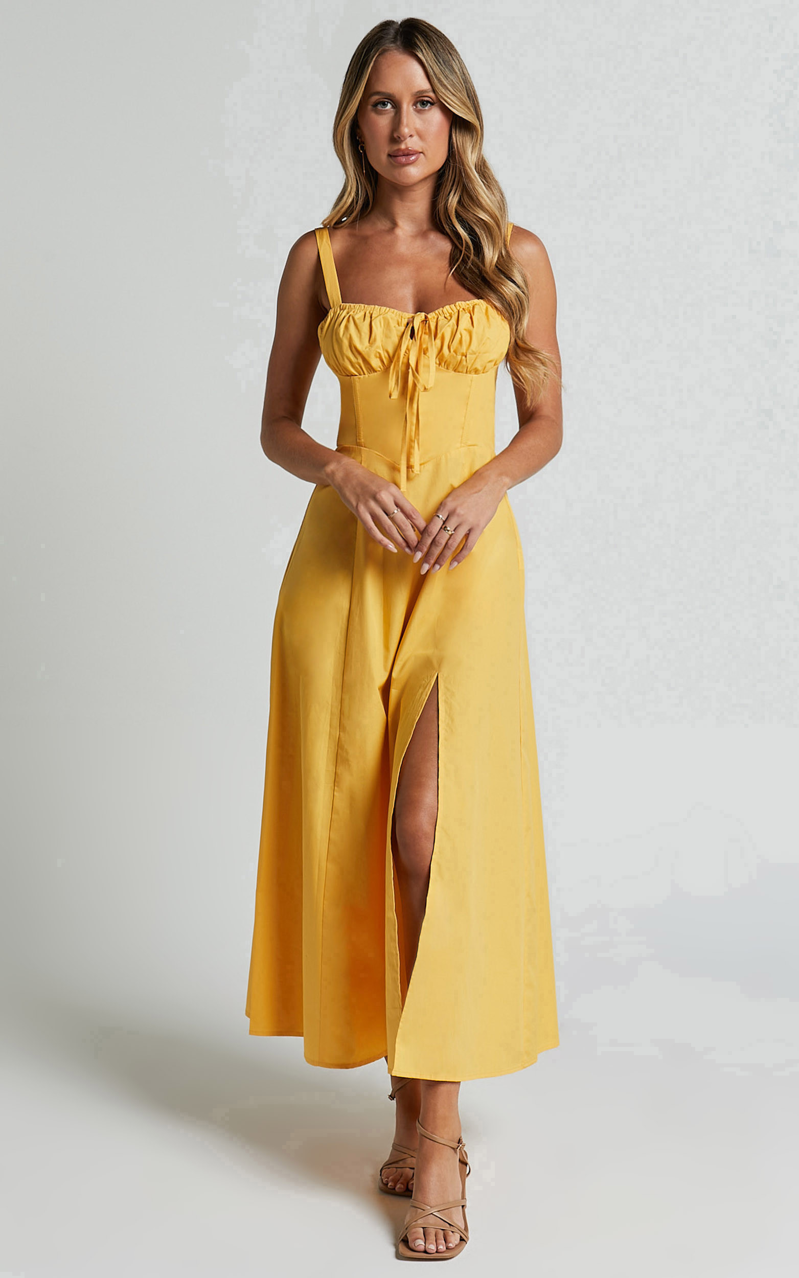 Maiya Midi Dress - Tie Front Fitted Bodice Dress in Pineapple | Showpo (ANZ)