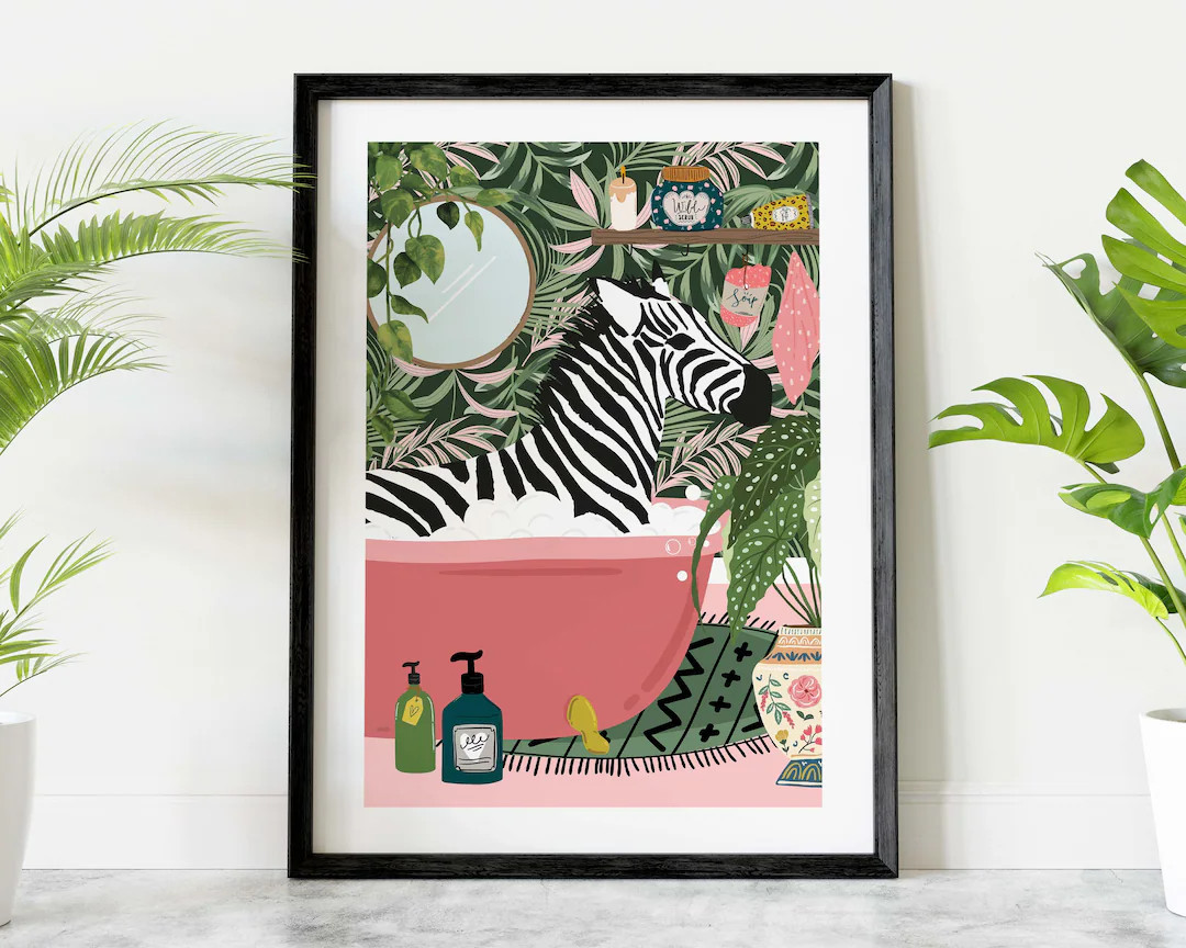 Zebra in Bathtub Tropical Boho Bathroom Print, Maximalist Animal in Bath Wall Art, Botanical Bath... | Etsy (Global)