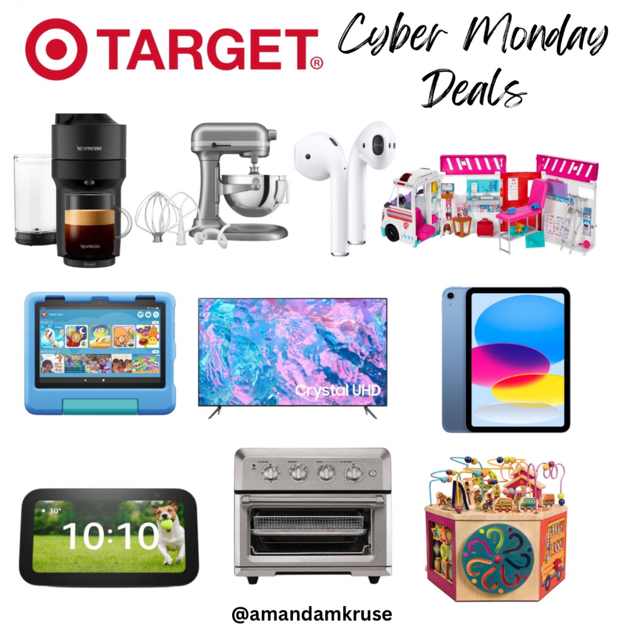Target Cyber Monday Deals. 

Espresso machine, KitchenAid mixer, apple AirPods, kids tablet, Samsung tv, smart tv, apple iPod, Amazon Echo show, air fryer toaster oven, wooden activity cube

#LTKHoliday #LTKGiftGuide #LTKCyberWeek