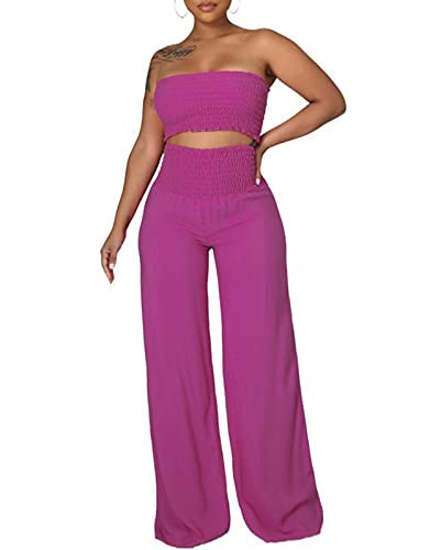 Ophestin Womens Solid Color 2 Piece Outfits Jumpsuits Smocked Tube Crop Top Ruched Wide Leg Pants Set Purple S | Amazon (US)