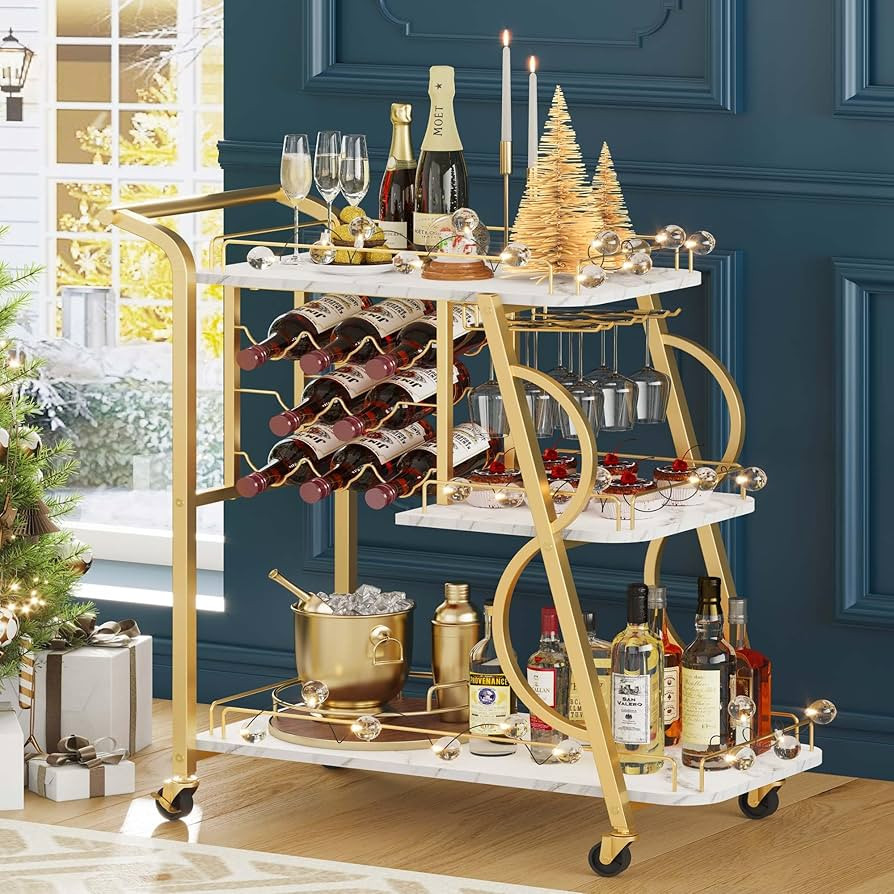 Bar Cart, Gold Bar Carts for The Home, Serving Cart with Wine Glass Holder, 3-Tier Drink Carts wi... | Amazon (US)