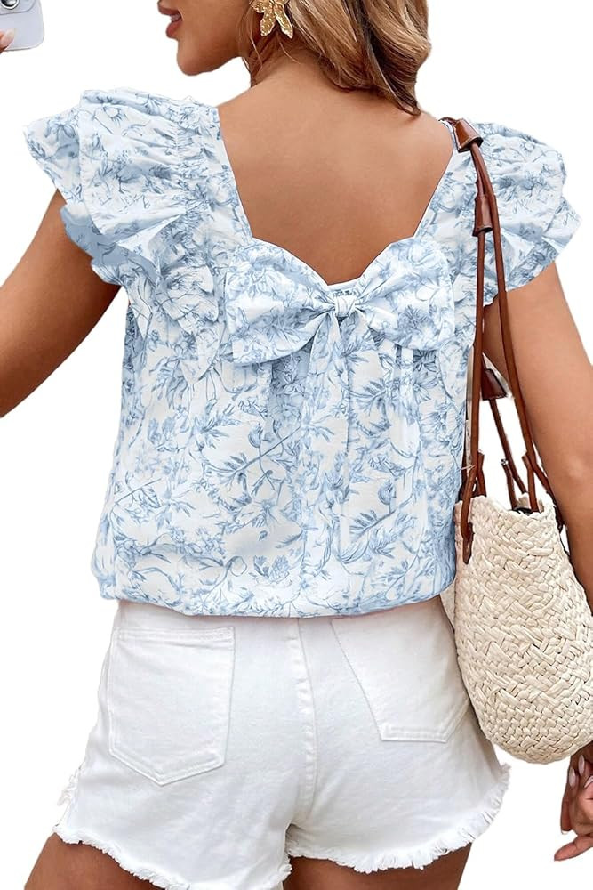 Apvirdy Women Floral Ruffle Short Sleeve Bow Shirts Summer Elegant Square Neck Layered Ladies Top... | Amazon (US)