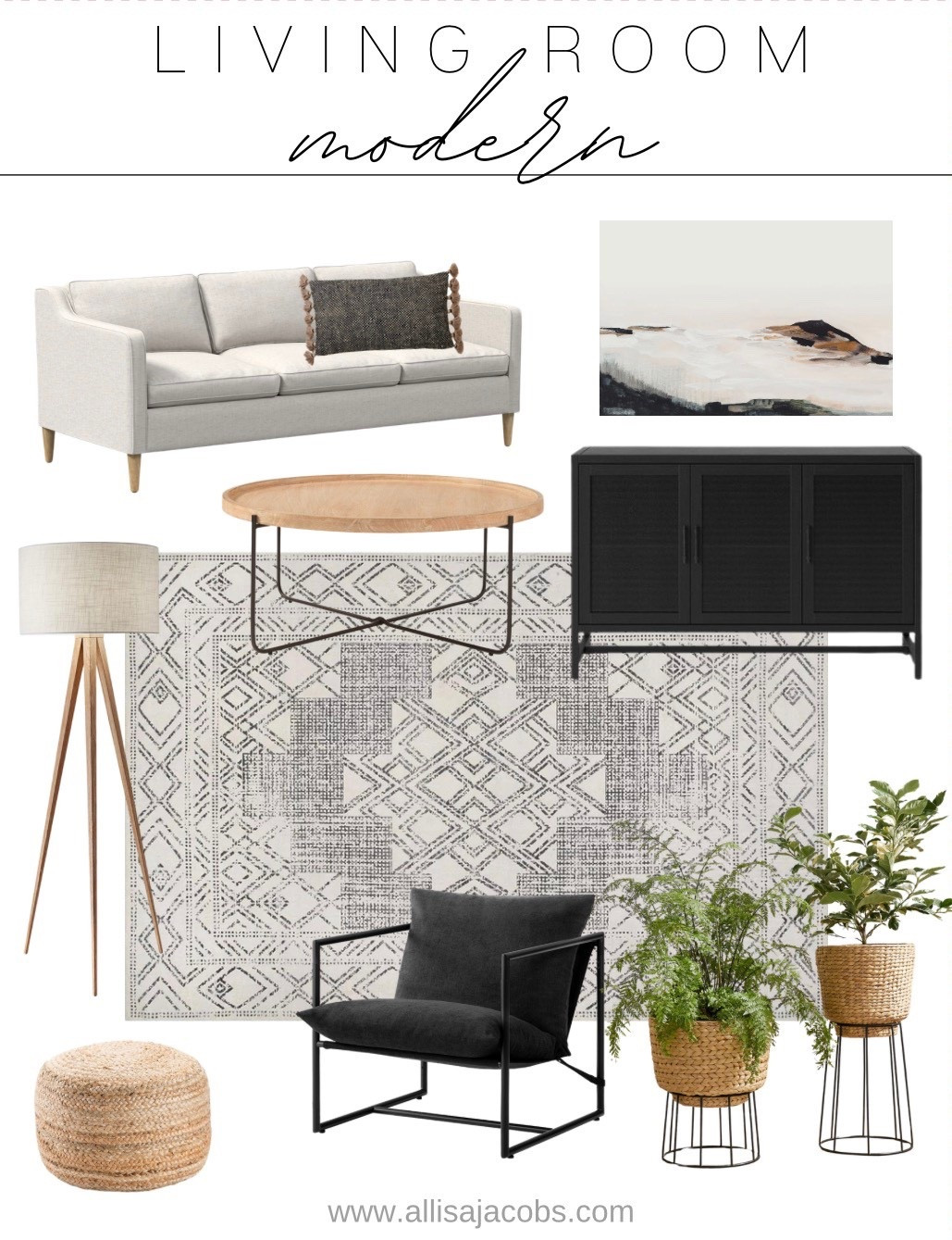 Modern living room, design board with ideas for couch, coffee table, rug chair, chairs, and decor with streamline design, neutral colors, and contrast for an organic modern aesthetic

#LTKHome