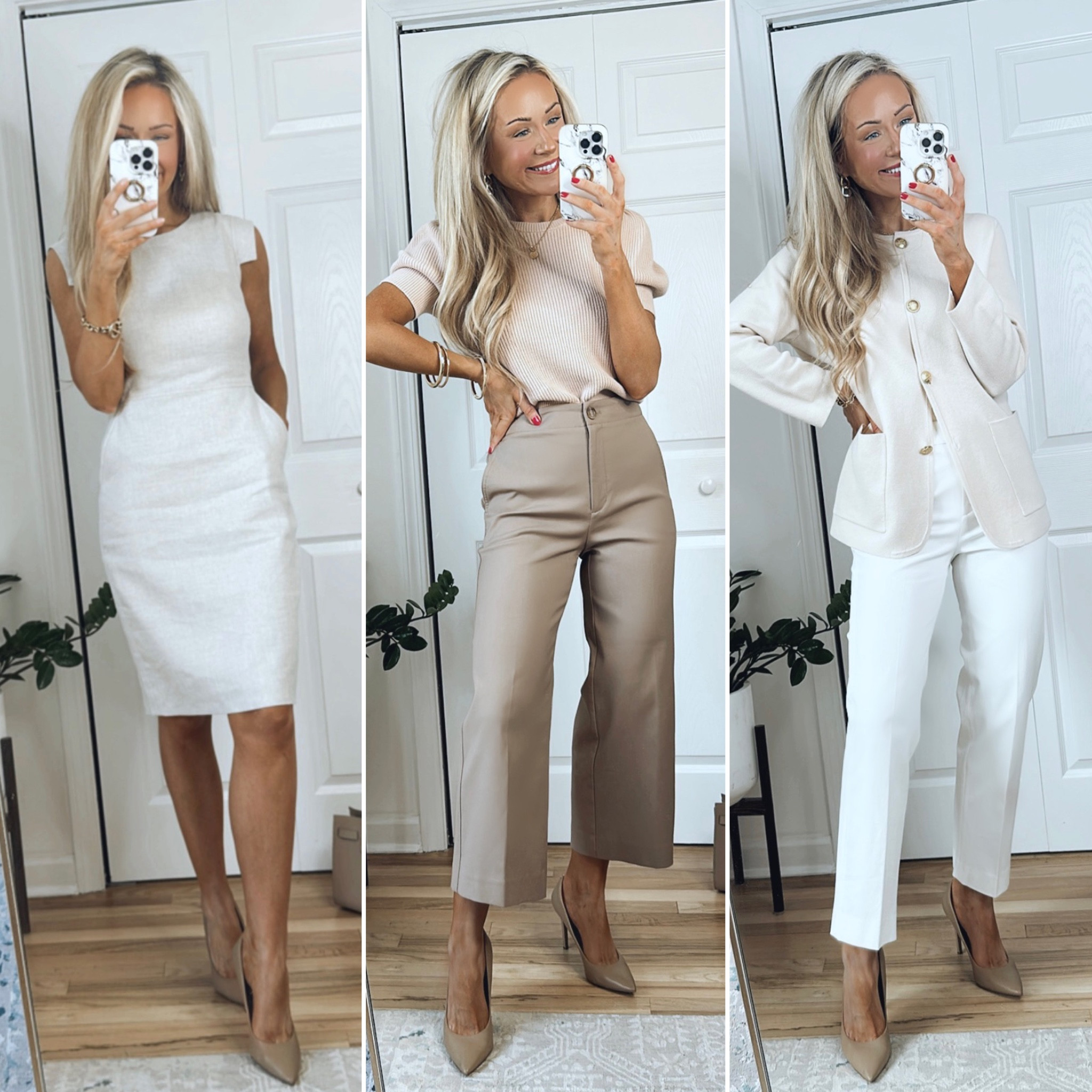 Spring work outfits✨ Sizing info:
-Wearing a size 2 in the linen dress
-Wearing a size small in the blush pink short sleeve sweater
-Wearing a size 3 in the beige culottes
-Wearing a size small in the sweater blazer
-Wearing a size 4 in the white pants 

#LTKworkwear