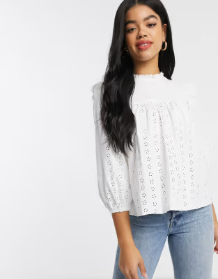 ASOS DESIGN high neck swing broderie top with ruffle detail in white | ASOS US
