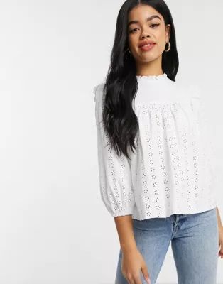 ASOS DESIGN high neck swing broderie top with ruffle detail in white | ASOS US