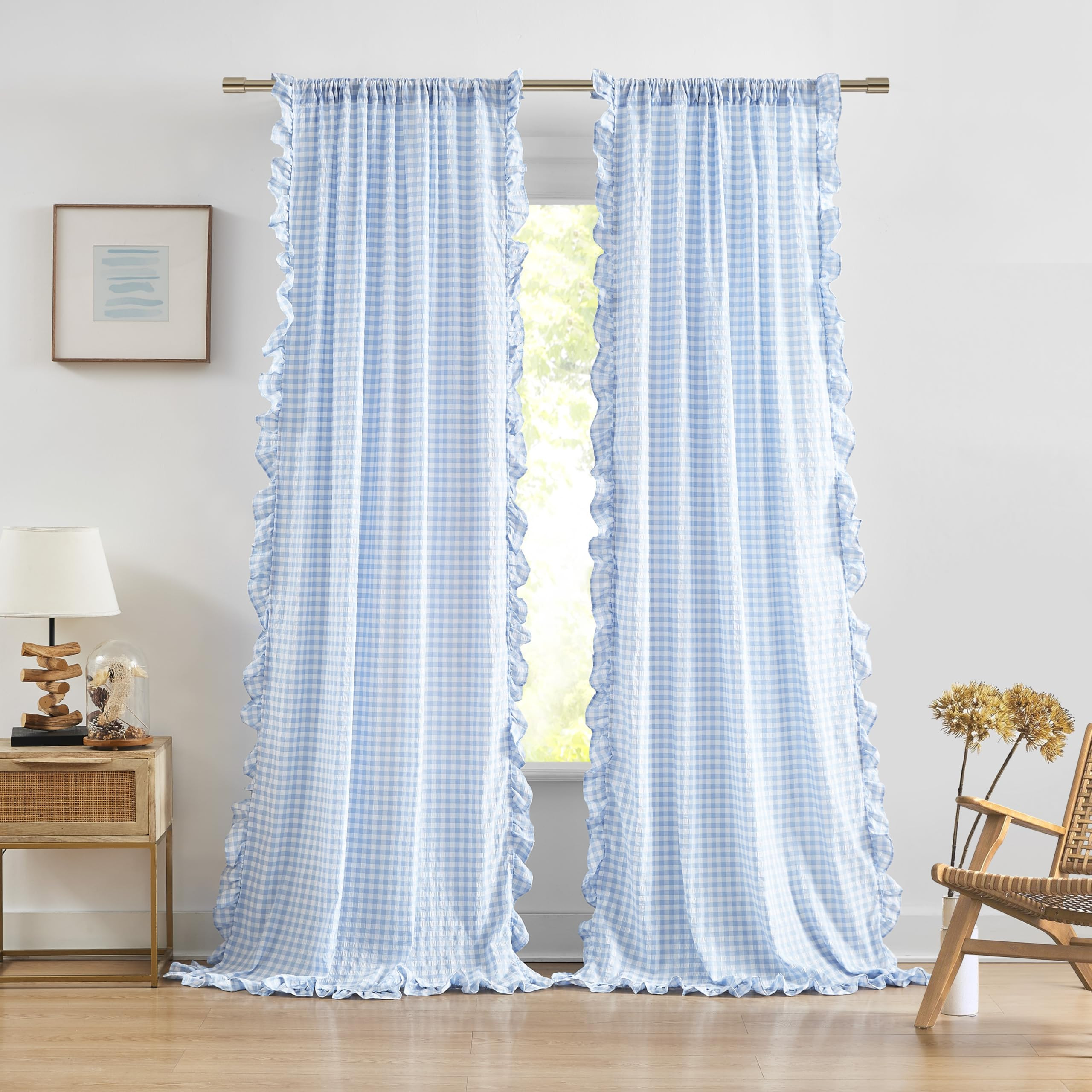 ZJDECOR Baby Blue Buffalo Plaid Ruffle Curtain Panels 84 Inches Long,Rustic Crinkled Not-See-Thro... | Amazon (US)