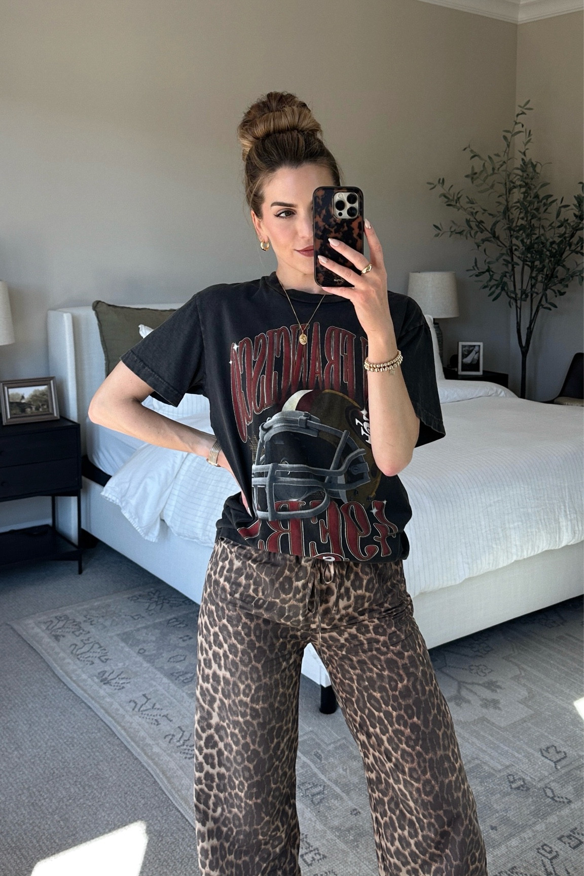 Niners gang! 🏈 My fave style NFL tee + fun leopard pants. Lip combo: Wherever Walnut in both the liner and lipstick 💄 

#LTKFindsUnder100 #LTKFindsUnder50 #LTKSeasonal