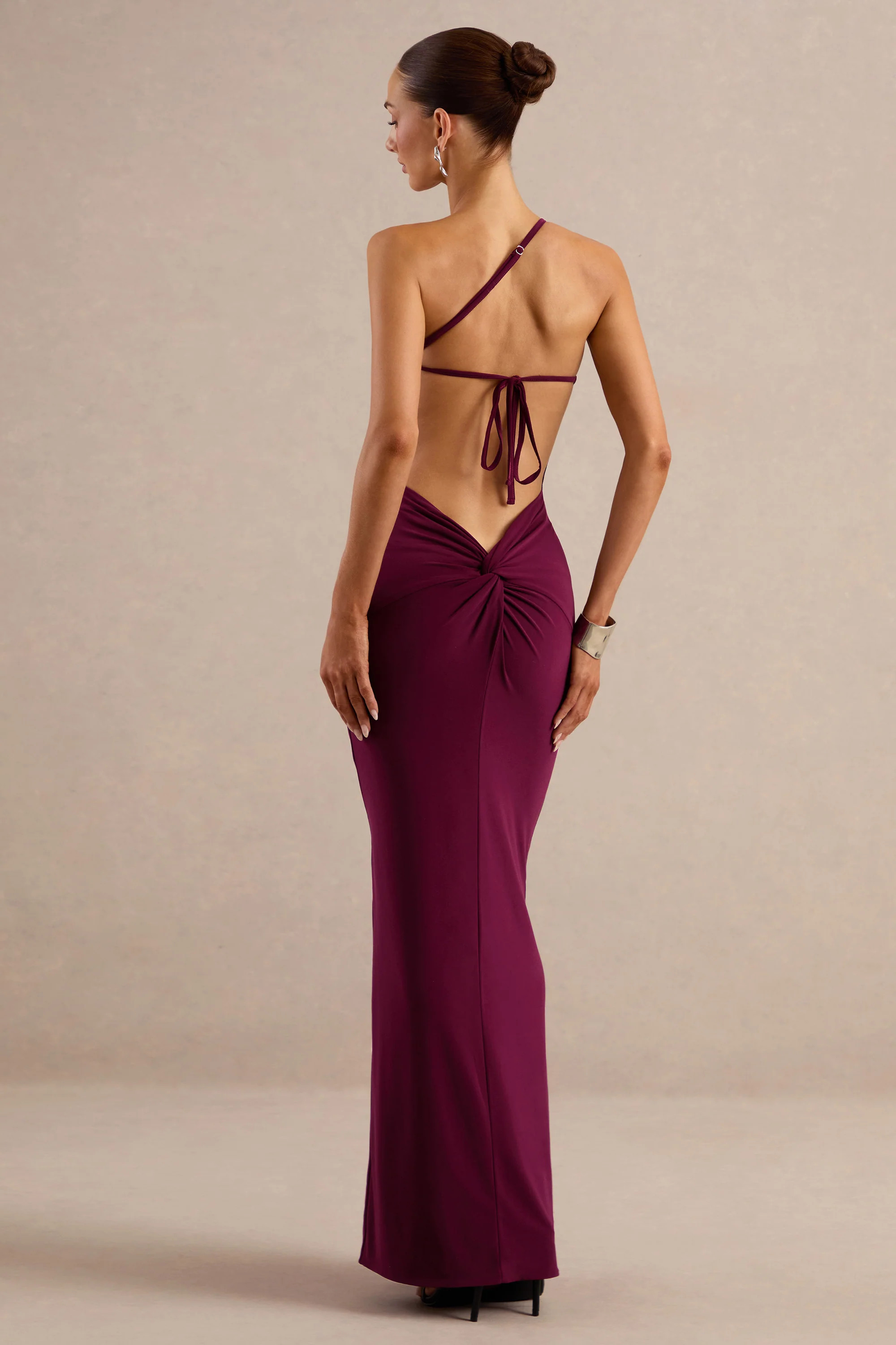 Dressing Up | Burgundy One Shoulder Maxi Dress With Open Back | Club L London