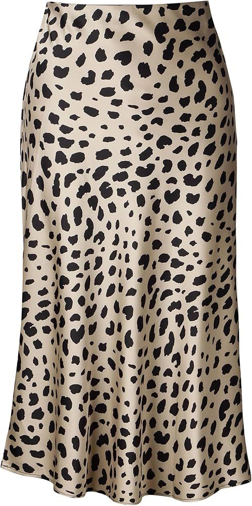 Womens Leopard Print Skirt Midi Long Length Silk Satin High Waist Elastic Skirts | Amazon (US)