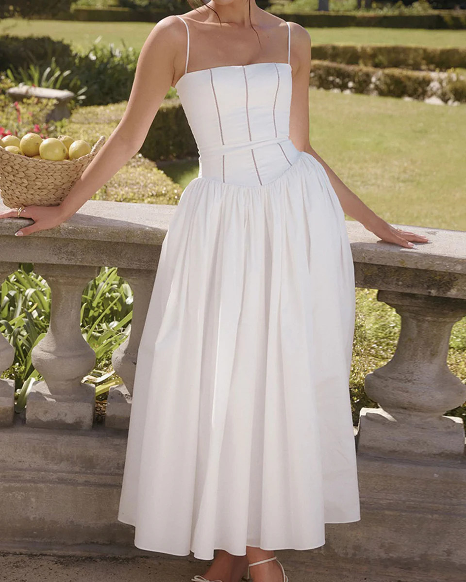 White Pleated Slip Midi Dress | rihoas.com