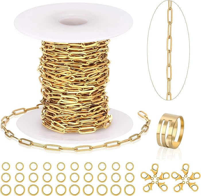 23 Ft Gold Chain for Jewelry Making, 18K Gold Plated Stainless Steel Oval Paperclip Chain Roll wi... | Amazon (US)