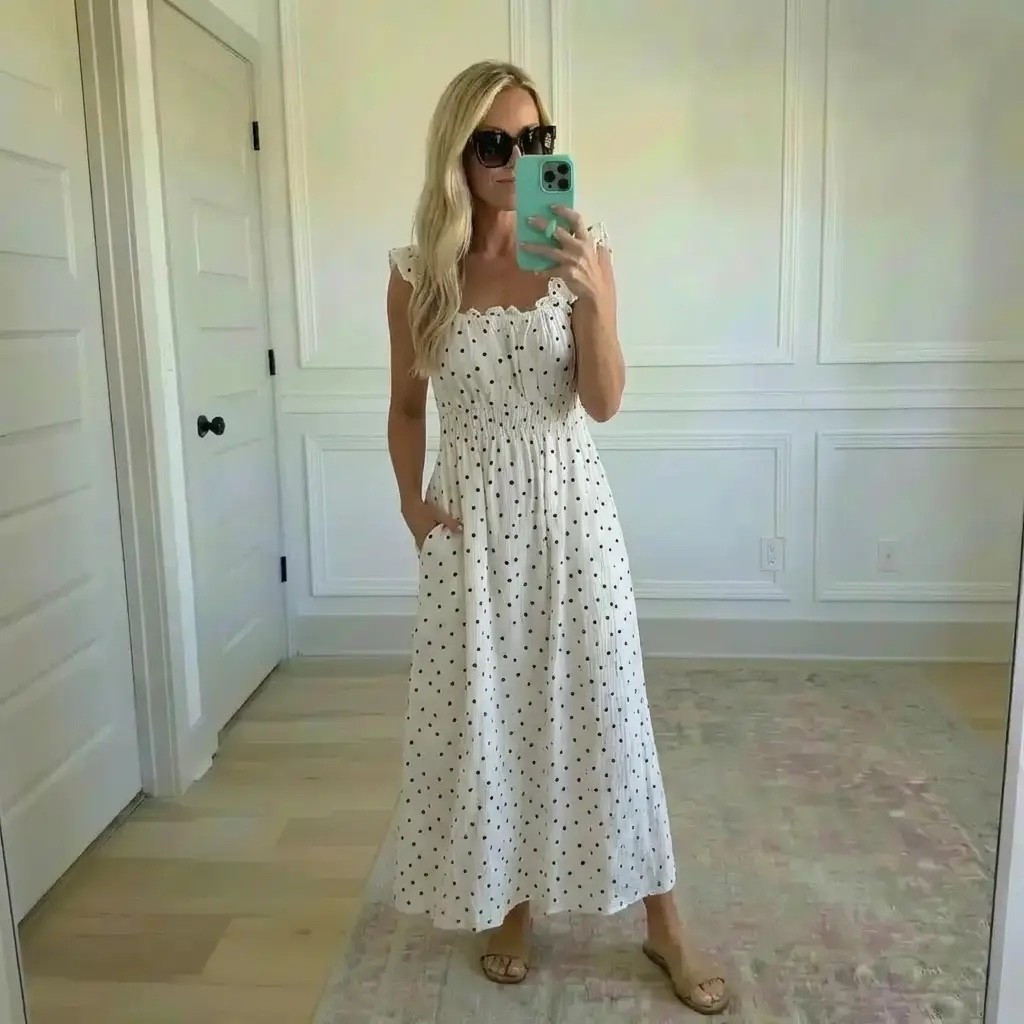 Soft afternoon light settles into a quiet, airy room as she slips into effortless elegance. A flowing white midi dress scattered with delicate black polka dots moves gently with every step—romantic, timeless, and impossibly easy. Smocked details add subtle texture while relaxed sandals and oversized sunglasses keep it grounded and wearable. It’s the kind of look that feels like summer in Europe: slow mornings, café strolls, and feeling put together without ever trying too hard.

Hashtags 🤍🖤

#TrendyHeidi
#TrendyWithAPassport
#PolkaDotDress
#SummerStyle
#EffortlessElegance
#ChicAndSimple
#EverydayDress
#CasualChic
#MidiDress
#ClassicStyle
#OOTD
#StyleInspo
#NeutralStyle
#WarmWeatherWear
#EuropeanSummer
#ModernFeminine
#EasyOutfits
#MirrorOutfit
#TimelessFashion
#WomensStyle
#MinimalChic
#DressSeason
#LaidBackLuxury
#SummerOutfitIdeas
#LifestyleBlogger



#LTKgrwm #LTKdayinmylife #LTKValentine