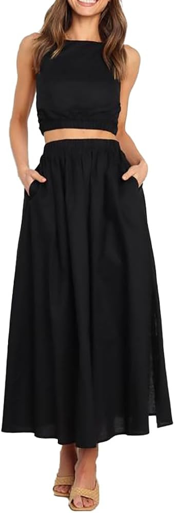 Womens Linen Skirts Casual Summer Elastic High Waisted A Line Pleated Midi Skirt with Pockets | Amazon (US)
