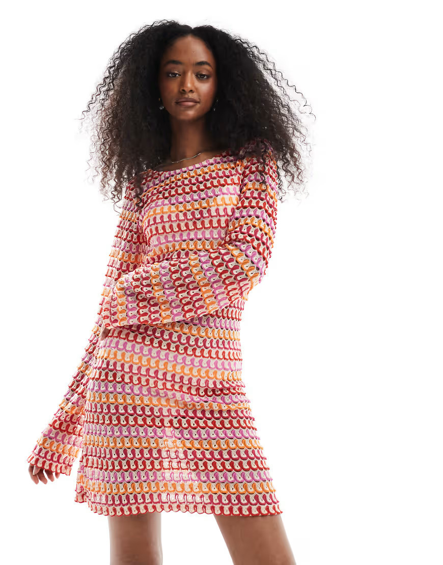 Pieces crochet long sleeve mini dress in red and orange stripe | ASOS (Global)