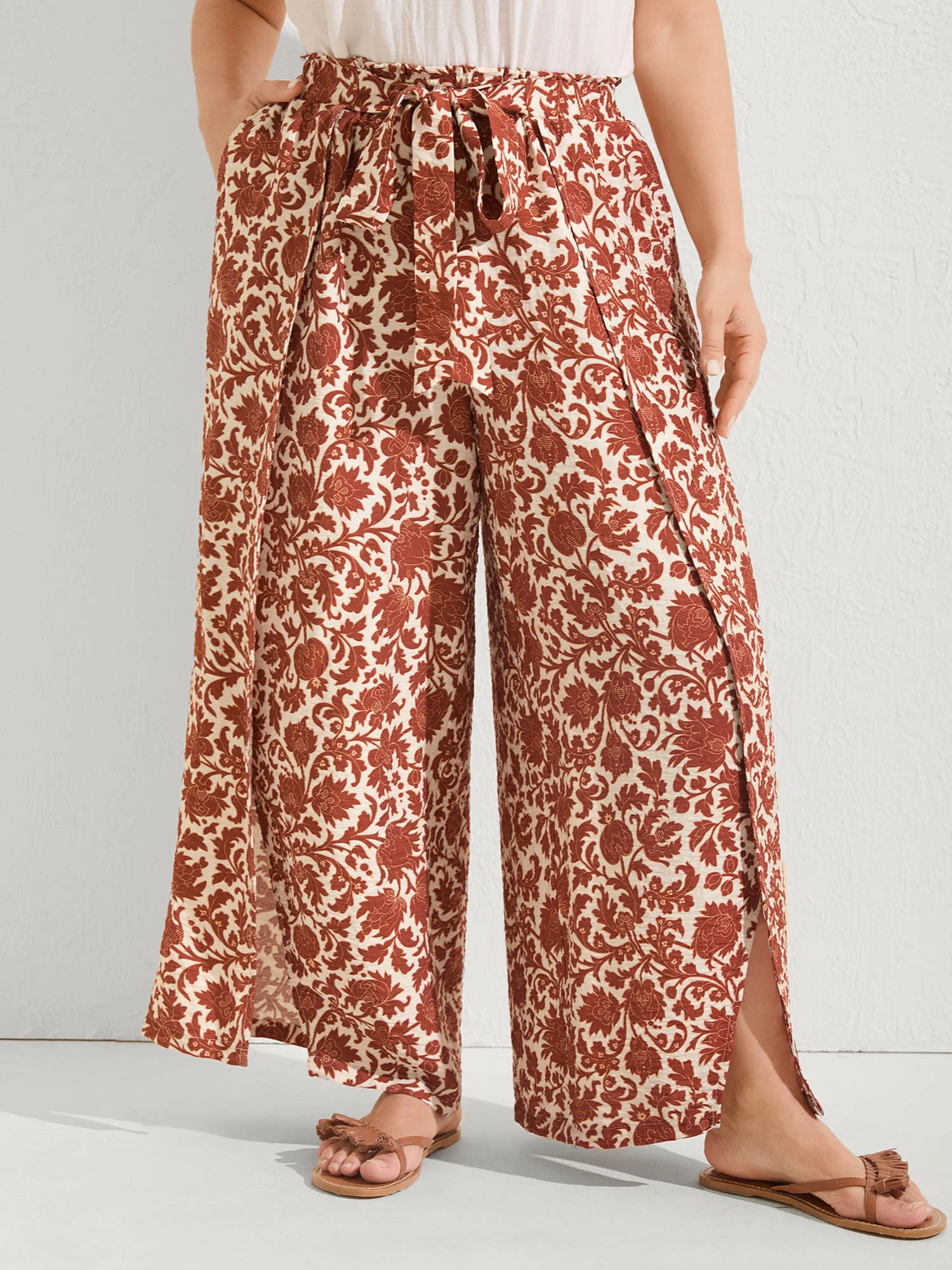 Boho Overlap Slit Belted Wide-Leg Pants | Bloomchic