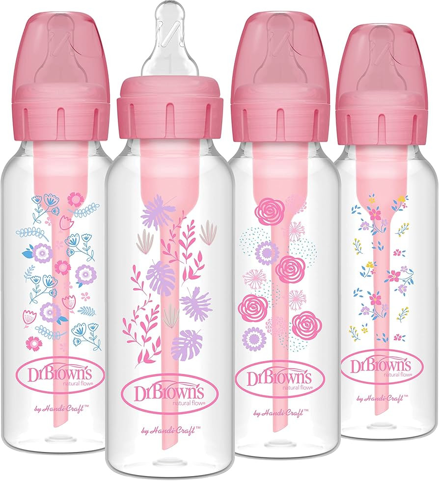 Dr. Brown's Natural Flow Anti-Colic Options+ Narrow Baby Bottle, Pink Floral, 8 oz/250 mL, with L... | Amazon (US)