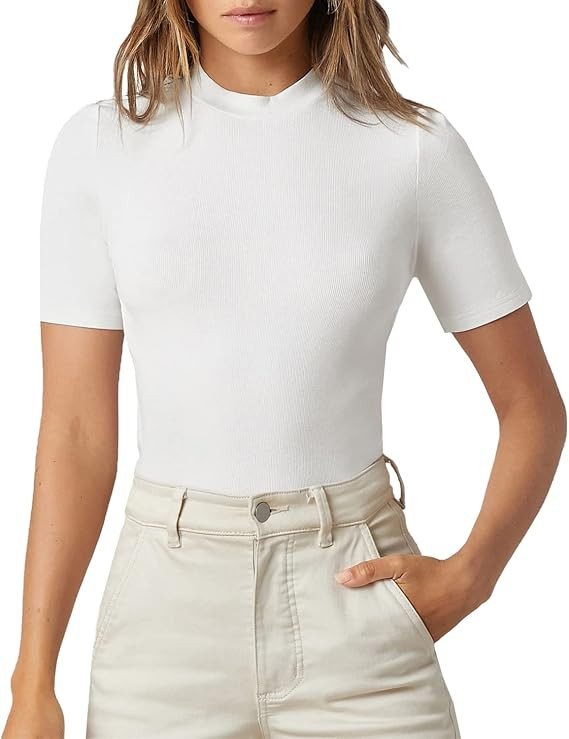 Verdusa Women's Casual Basic Mock Neck Short Sleeve Rib Knit Tee Top | Amazon (US)