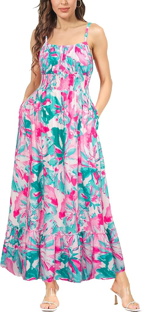 GRACE KARIN Womens 2024 Summer Maxi Dress Casual Sleeveless Spaghetti Strap Smocked Ruffle Beach ... | Amazon (US)