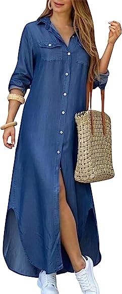 EFOFEI Women Roll up Long Sleeve Dress Irregualr Button Down Shirt Dress Loose Fit Casual Blouse ... | Amazon (UK)