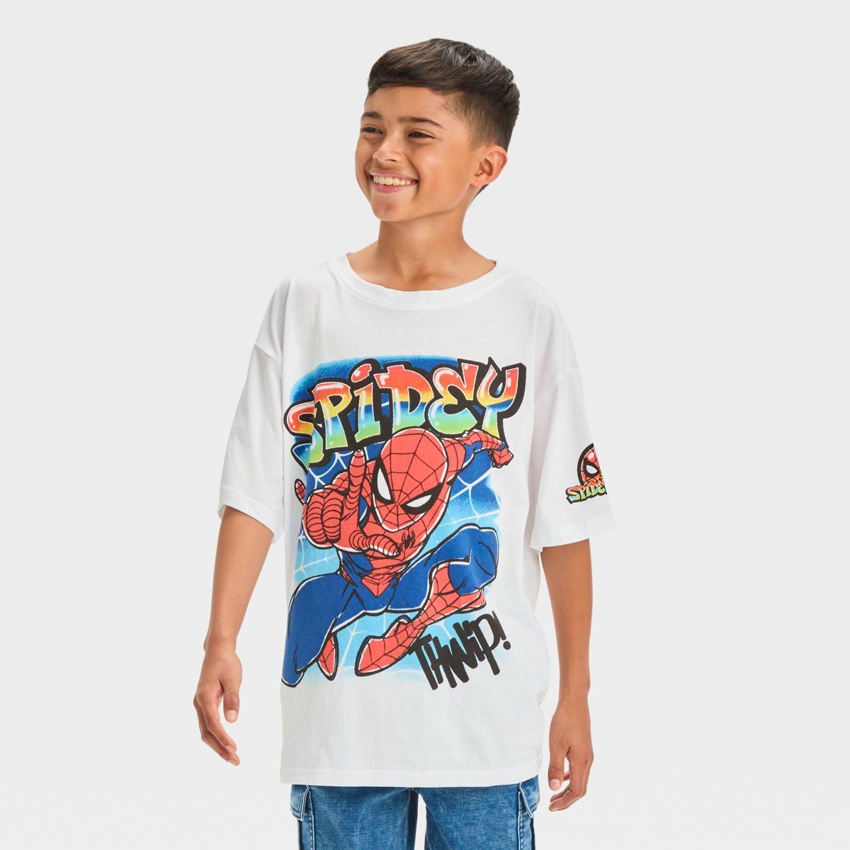 Boys' Spider-Man Drop Shoulder Graffiti Short Sleeve Graphic T-Shirt - White | Target