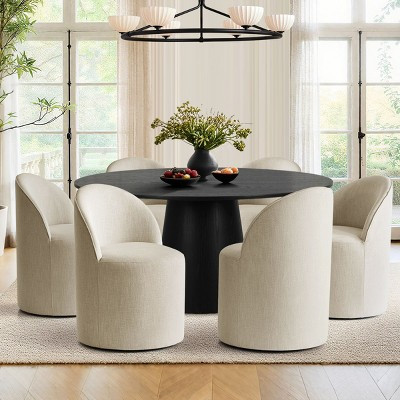 Black Round Dining Table Set For 6, Beige Upholstered Barrel Dining Chairs With Castors, Linen Blend Fabric, Curved Back Support- Panipeachy | Target