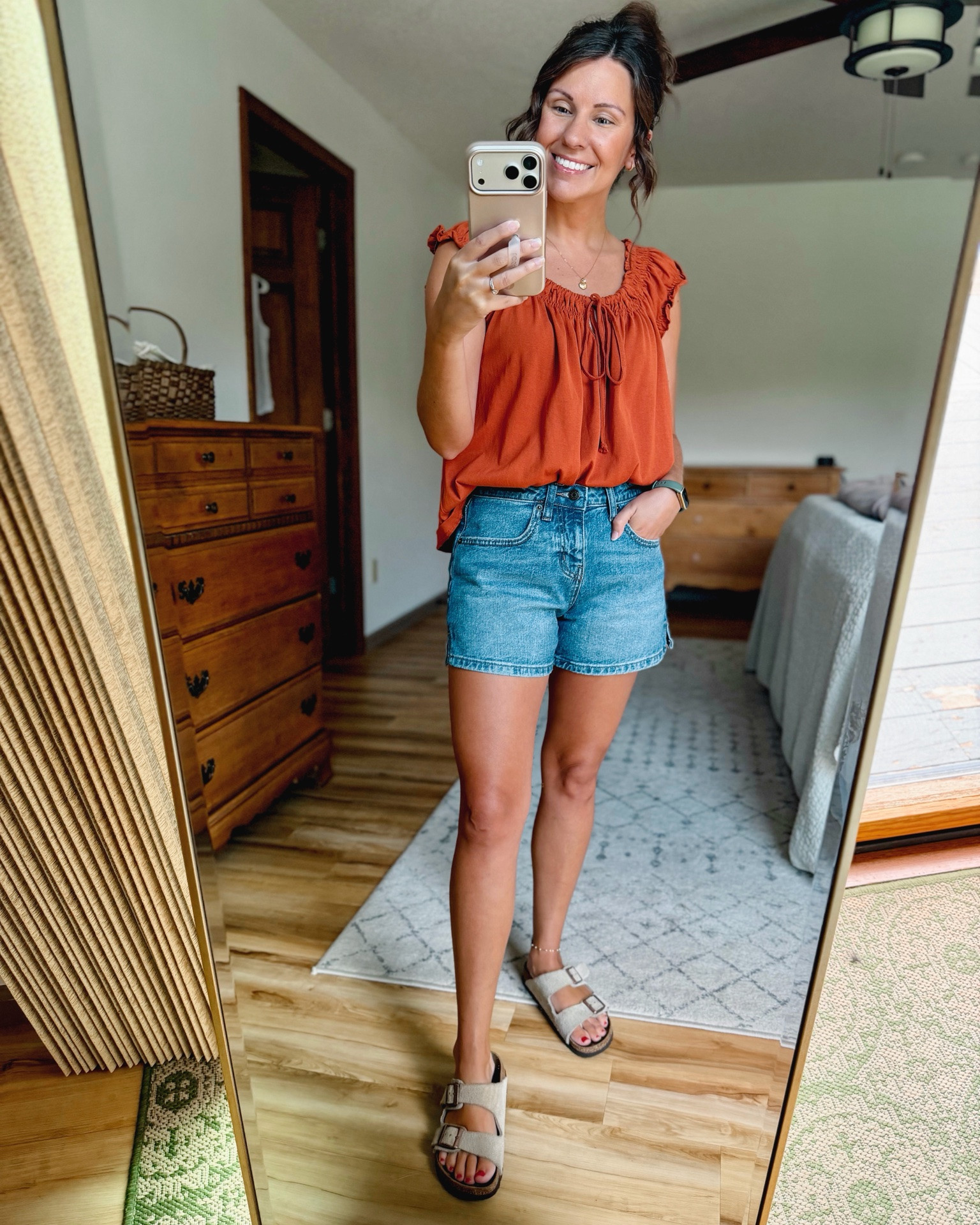 small in my shirt (I also have lime green), 00/24 in my swim shorts (medium wash—size up if you need any stretch, they’re not stretchy at all). And 36 in my Birkenstock sandals!🧡

#LTKPetite #LTKgrwm #LTKootd