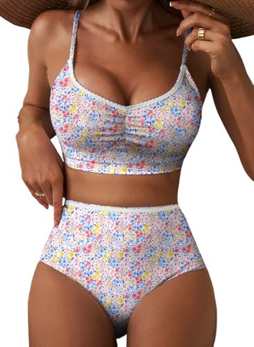 Herseas Women's Ruched Bikini Sets Allover Printed Wire Free Removable Padding Supportive Swimsuits High Waisted Slimming Bathing Suits Modest Cruise Essentials 2026 Summer X-Small | Amazon (US)