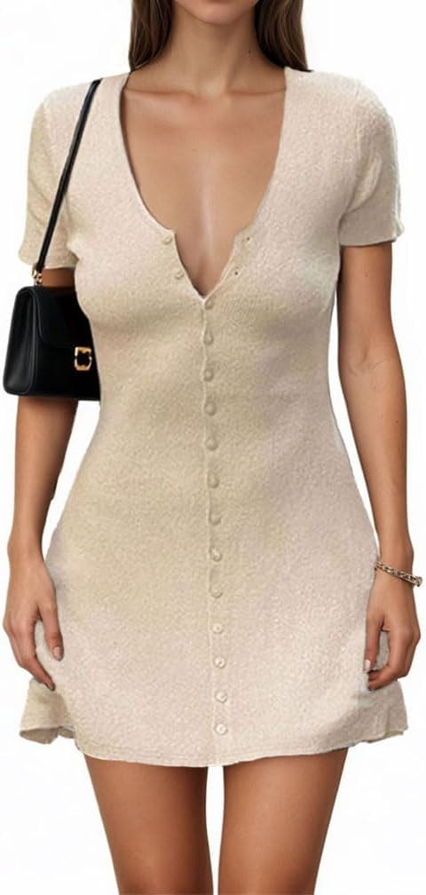 Women Sexy Deep V Neck Button Front Knit Mini Dress Elegant Short Sleeve Ribbed Flowy Hem A-Line ... | Amazon (US)