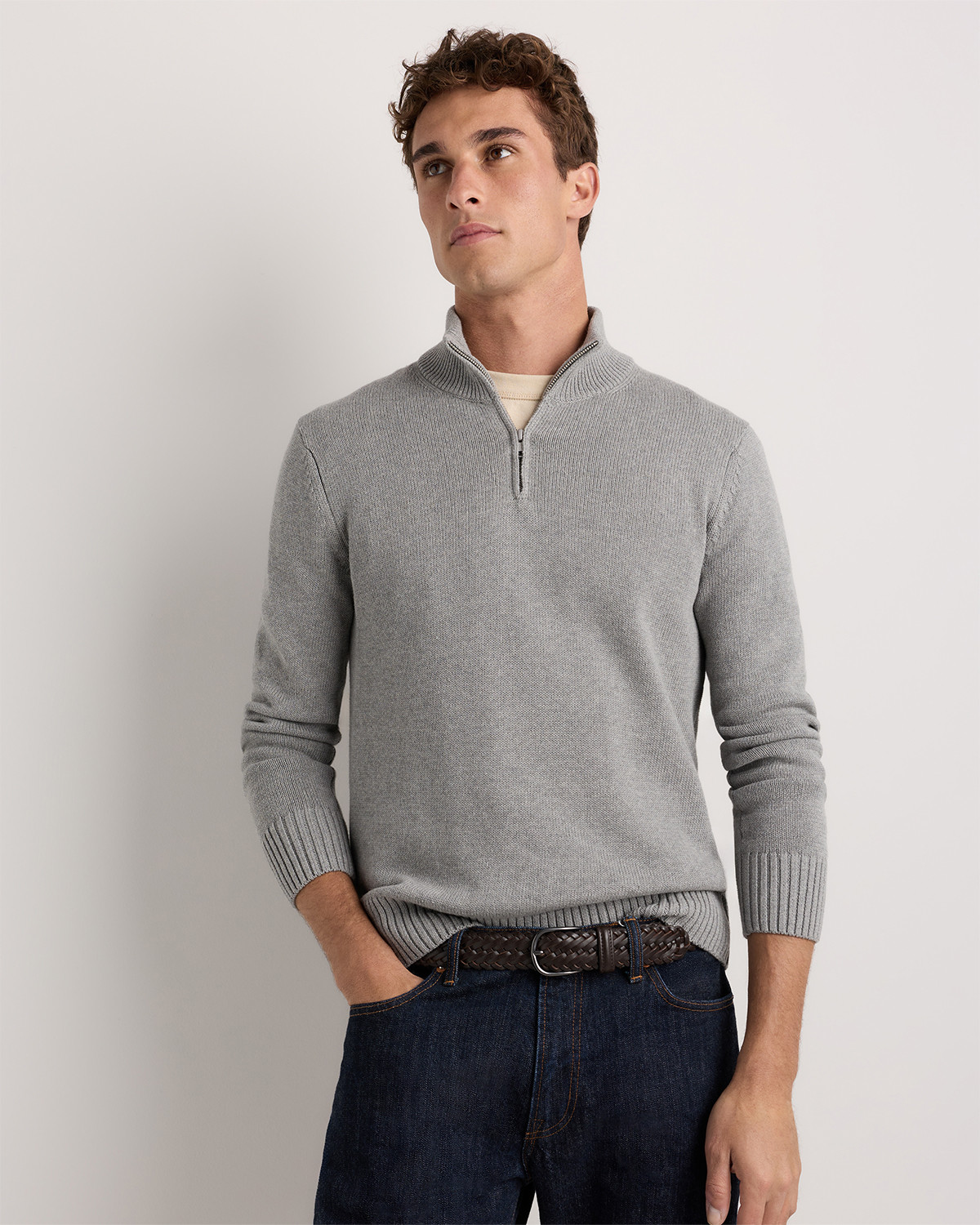 Quince | Men's Quarter-Zip Sweater in Speckled Beige, Size Medium, Organic Cotton | Quince