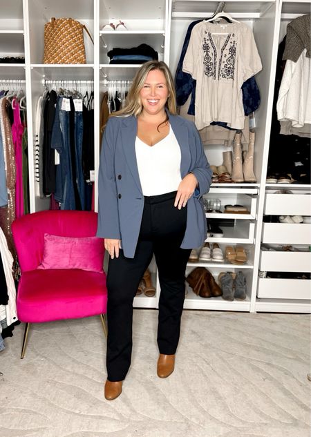 Day 2/5 of Plus Size Business Casual Workwear — If you’re looking for something a tad bit more professional, but still want to be comfortable, this is a great look! I cannot recommend these pants enough. They almost have a cooling feel to the fabric! The color of this blazer is beautiful, and is for sure a classic that can be worn for decades. Wearing a pair of Nordstrom NYDJ straight leg pants in a size 18W - run true to size but do run long. Shoes are from Maxwell but I linked some similar ones too! Sweater bodysuit Abercrombie - I'm wearing a size XL. Blazer is Madewell - I'm wearing a 2X, runs true to size.

#LTKSeasonal #LTKcurves #LTKworkwear