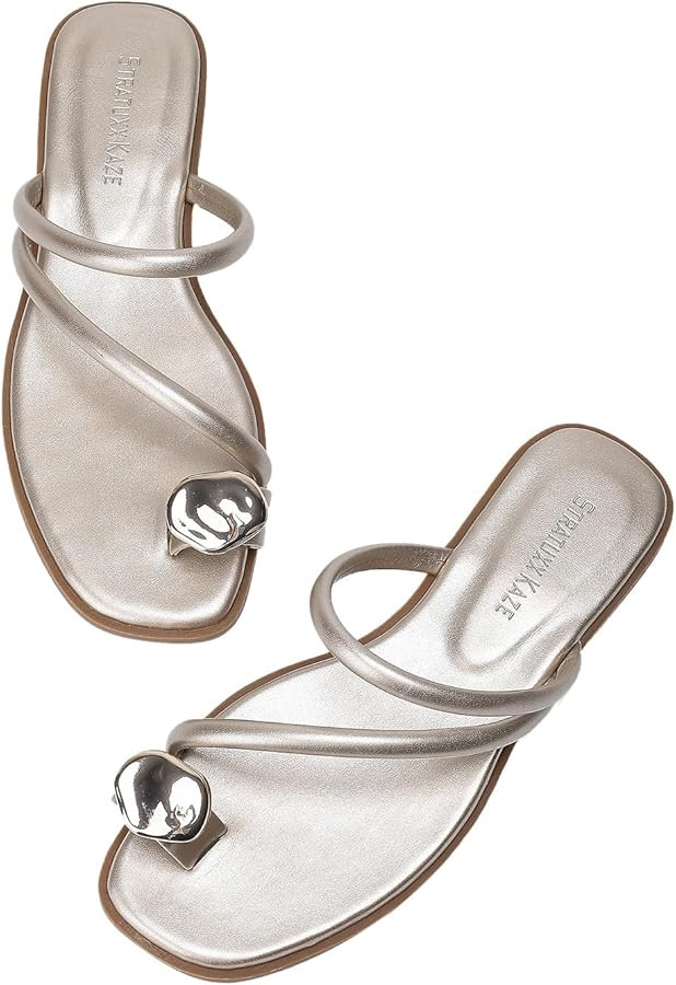 Women's Toe Ring Thong Sandals Open Toe Slide Flat Sandals Casual Summer Flip Flop Flat Sandals | Amazon (US)