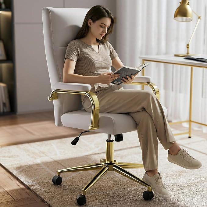 GXJ White and Gold Office Chair Memory Foam, White Leather Computer Desk Chairs with Wheels and A... | Amazon (US)