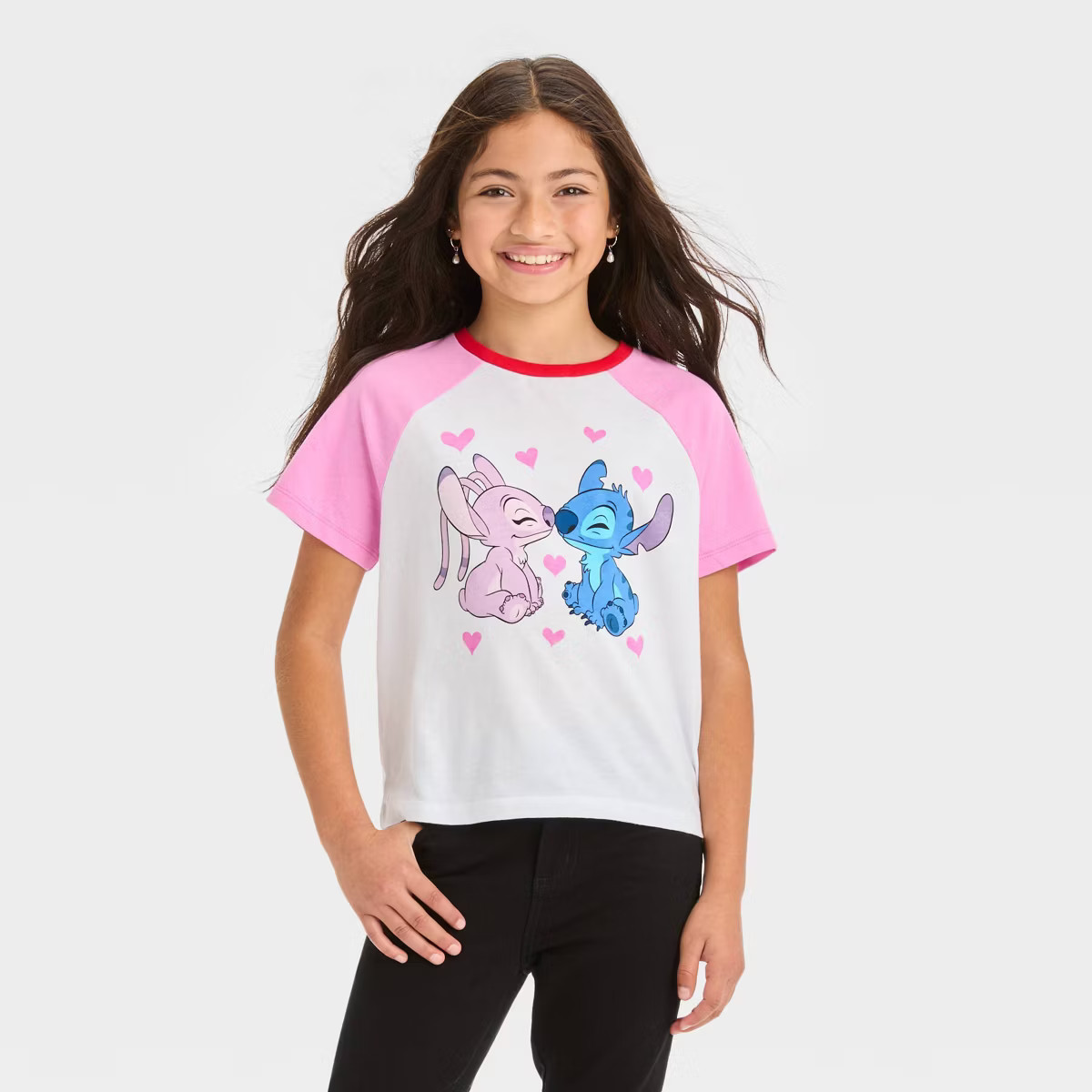 Girls' Disney Stitch Raglan Graphic T-Shirt - White/Pink | Target