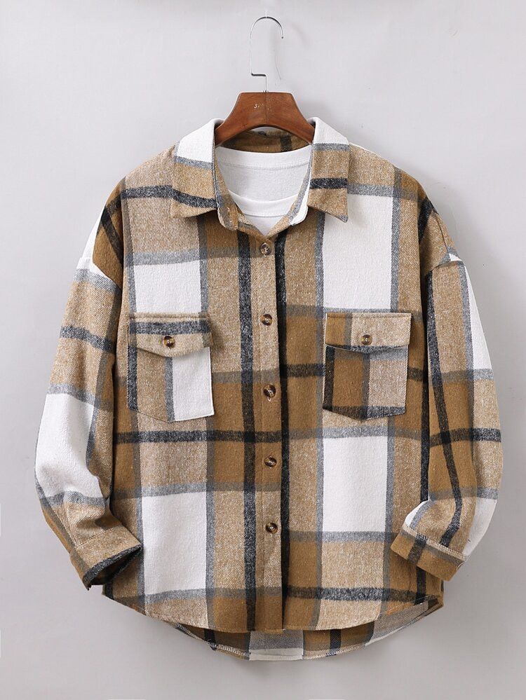 Plus Plaid Print Pocket Front Drop Shoulder Shirt | SHEIN