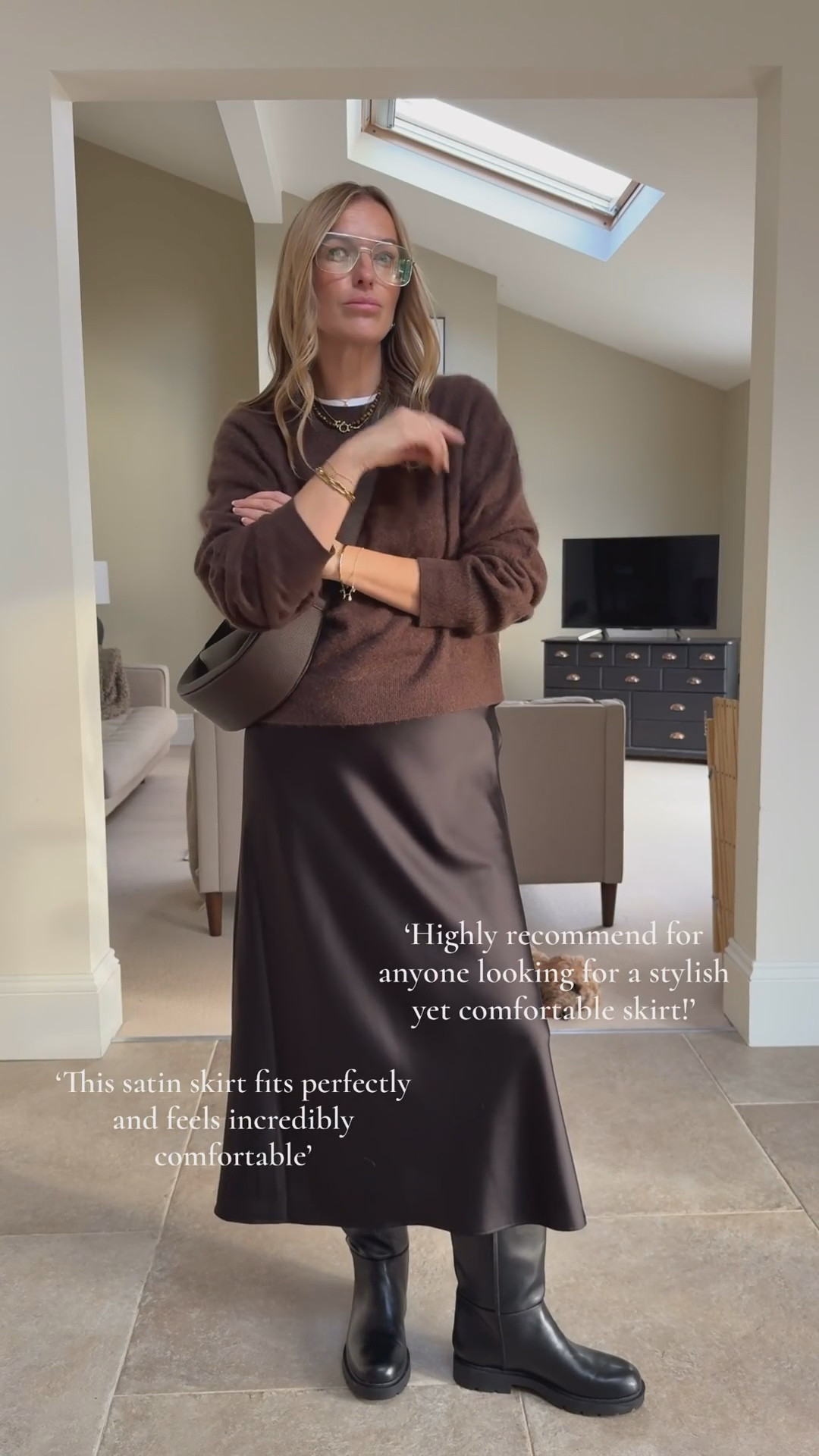 The satin skirt I keep coming back to, because it just works.
A fluid, flattering drape, zero cling, an optional underskirt, and a comfortable elasticated waist.
Available in several shades and perfect for giving your knitwear a subtle feminine upgrade 😉

I wear a large in the skirt 
U.K. 16 in the the jumper 
Medium in the white layer 
And 31 waist 30 leg in the jeans . 

#LTKuk #LTKmidsize #LTKwinter