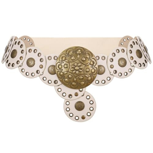 XZQTIVE Women's Western Belt with Concho Discs Adjustable Cowgirl Waist Belt Vintage Wide Disc Design for Dresses Jeans, Beige(Bronze Disc), S: 37.4in/95cm | Amazon (US)
