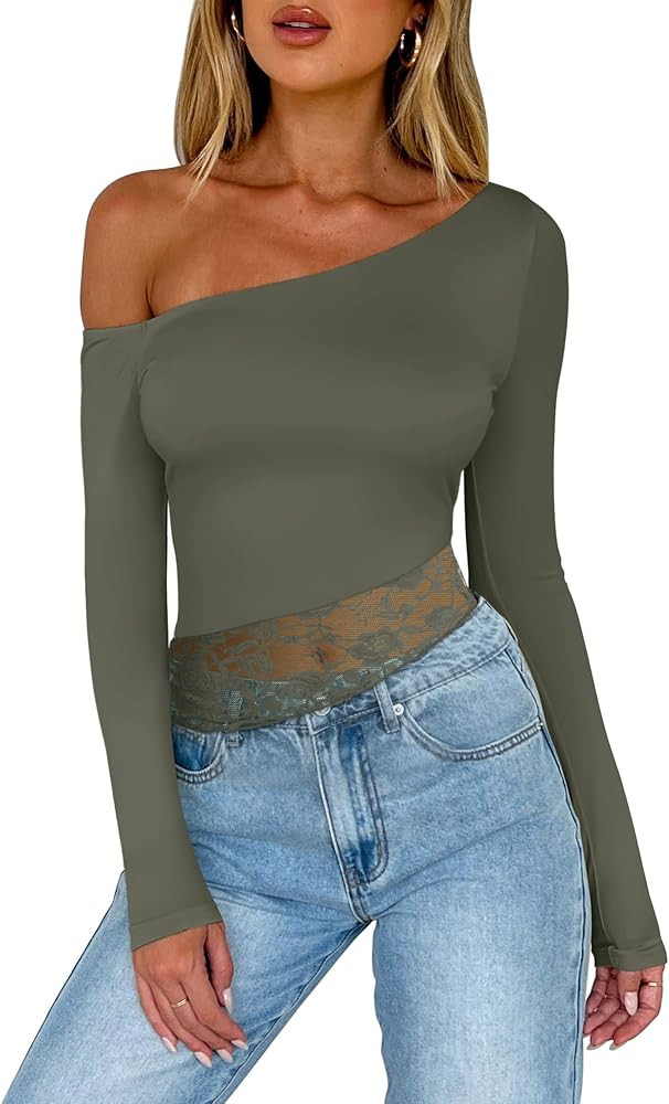 REORIA Womens Long Sleeve Crop Tops Double Lined Lace Off The Shoulder Tops Regular Fitted Shirts... | Amazon (US)