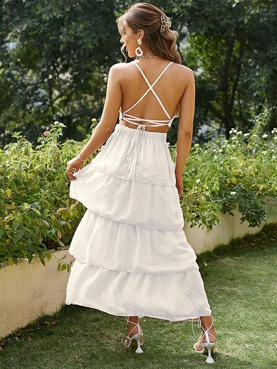 Glamaker Women Sexy V Neck Cut Out Maxi Dress Sleeveless Summer Boho Ruffle Beach Long Dress | Amazon (US)