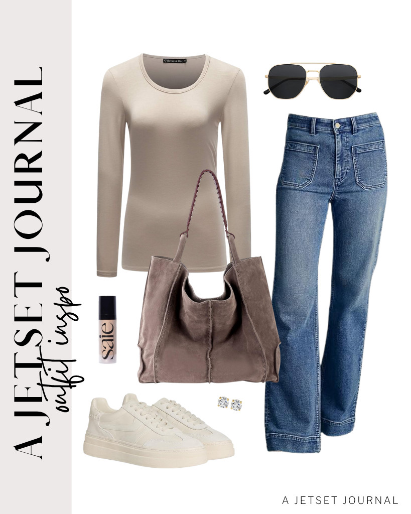 This apricot OThread & Co. long-sleeve tee and Astylish jeans make an easy casual outfit for everyday wear. Style it with Steve Madden sneakers, SOJOS aviator sunnies, The Sak Los Feliz tote, and Saie face primer. 

 #LTKSeasonal #LTKSaleAlert #LTKTravel